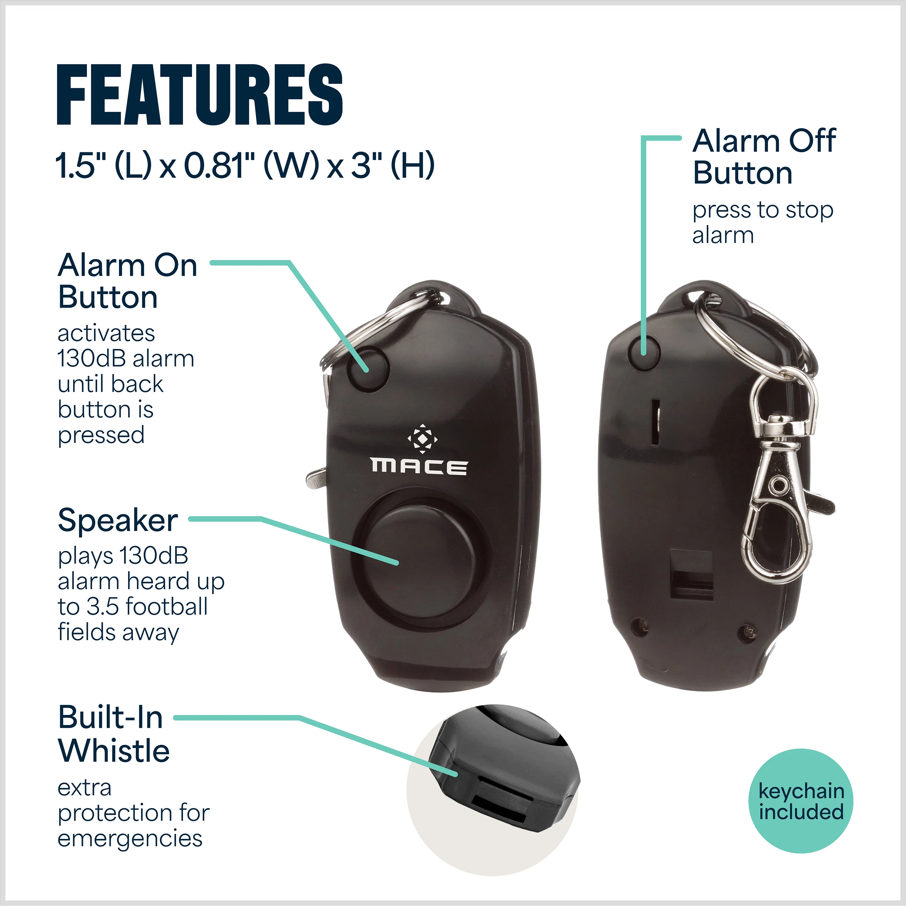 Mace Personal Safety Alarm with Keychain - Black - Image 9