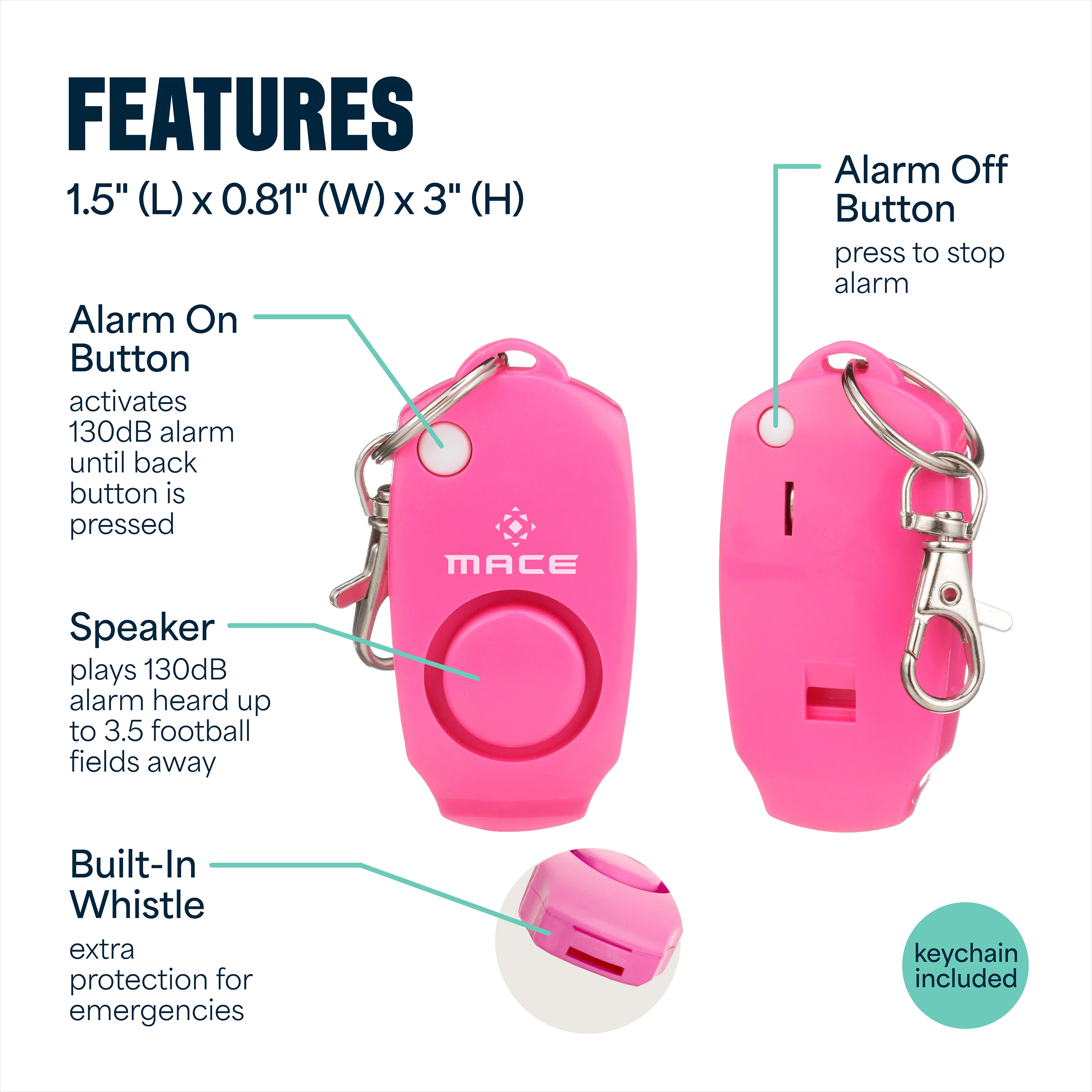 Mace Personal Safety Alarm with Keychain - Pink - Image 9